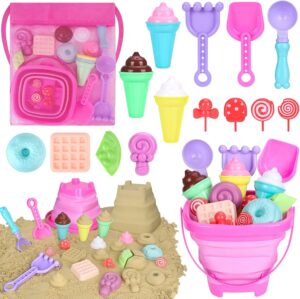Collapsible Beach Toys Set for Kids Toddlers Girls, Collapsible Sand Bucket and
